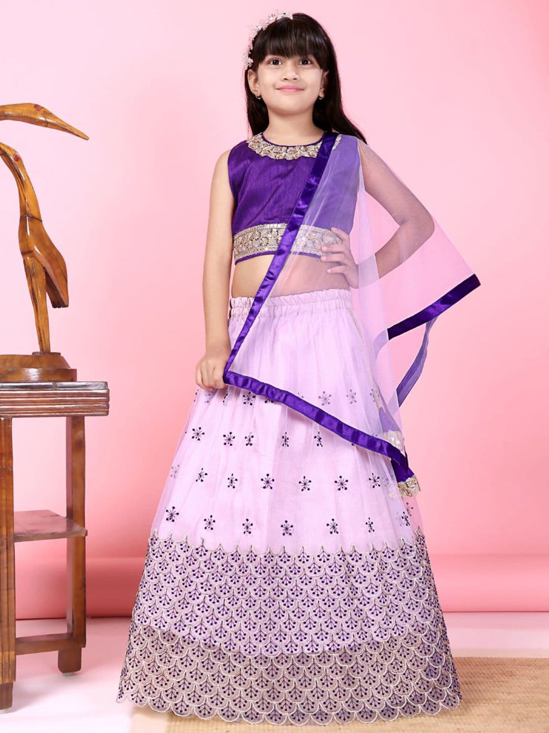 BAESD Girls Embroidered Sequinned Ready To Wear Net Lehenga & Blouse With Dupatta - view 1