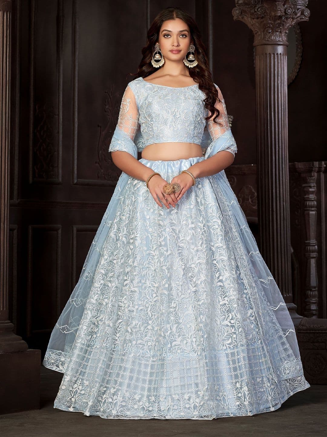 Warthy Ent Embroidered Net Semi-Stitched Lehenga & Unstitched Blouse With Dupatta - view 1
