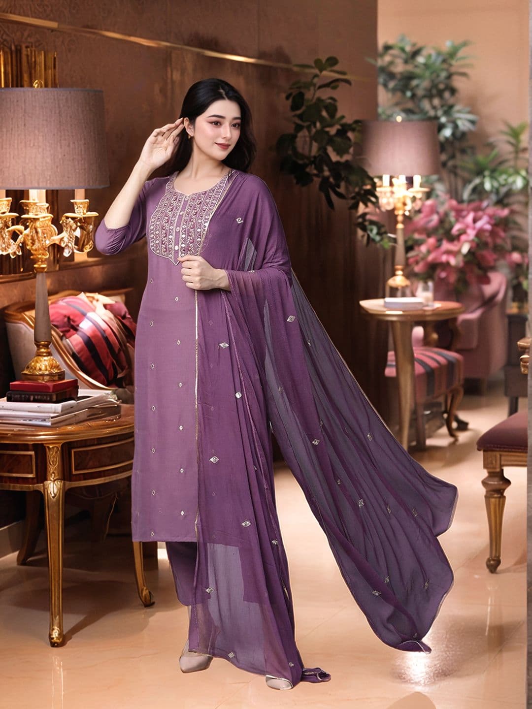Aaghnya Floral Embroidered Notch Neck Kurta with Trousers & Dupatta - view 1