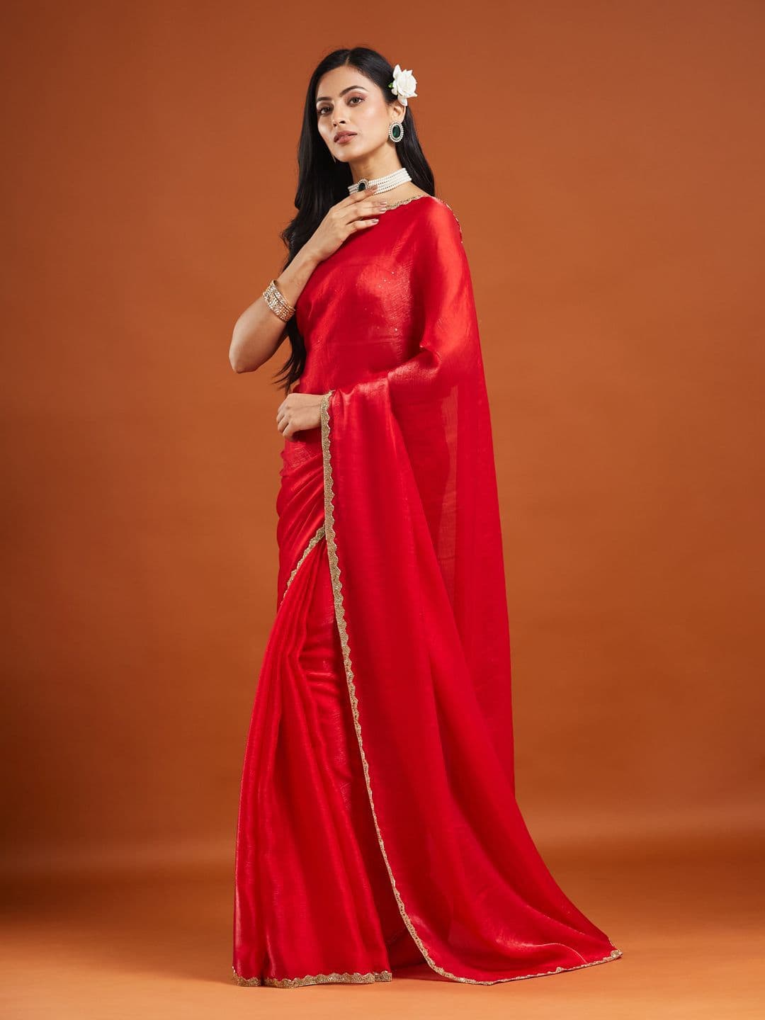 LOROFY Woven Design Beads and Stones Pure Chiffon Saree - view 1