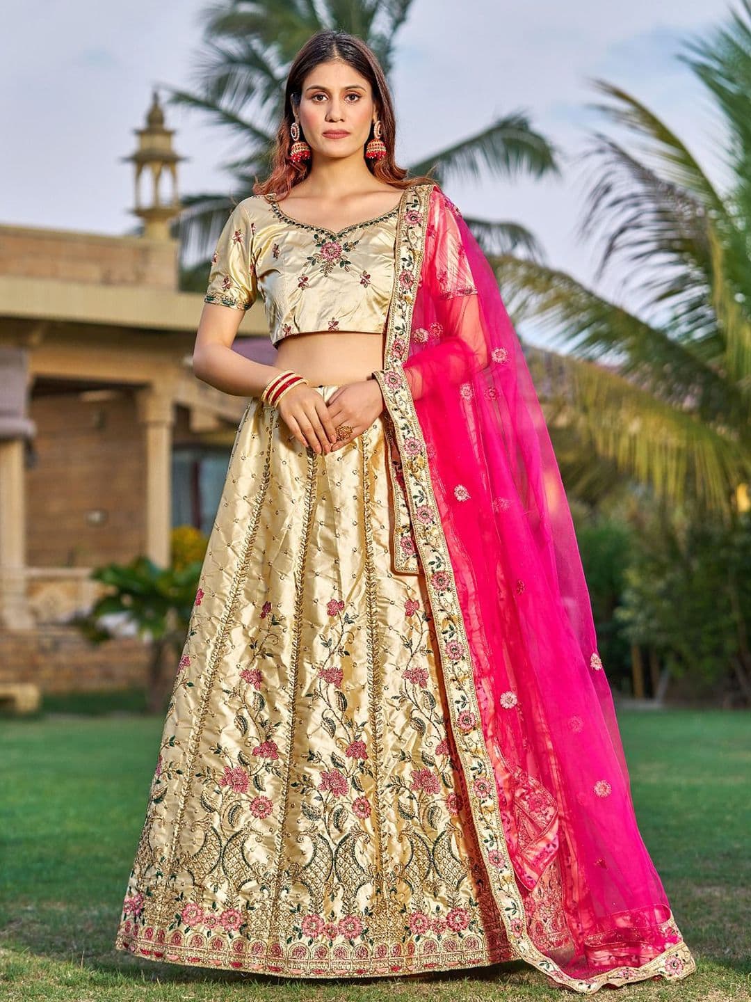 Warthy Ent Embroidered Satin Semi-Stitched Lehenga & Unstitched Blouse With Dupatta - view 1