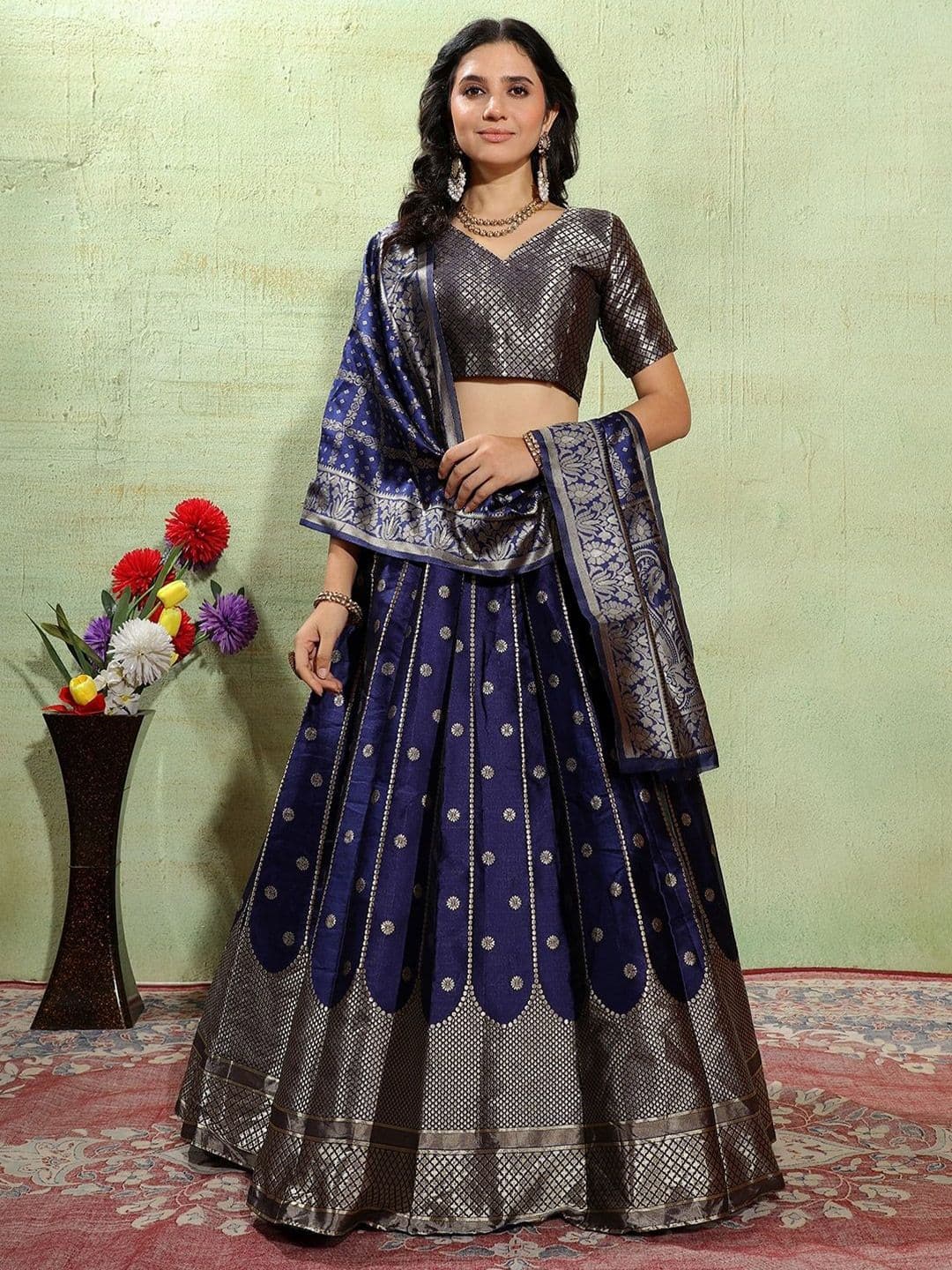 SWAMI STUDIO Woven Design Zari Work Semi-Stitched Silk Lehenga & Blouse With Dupatta - view 1