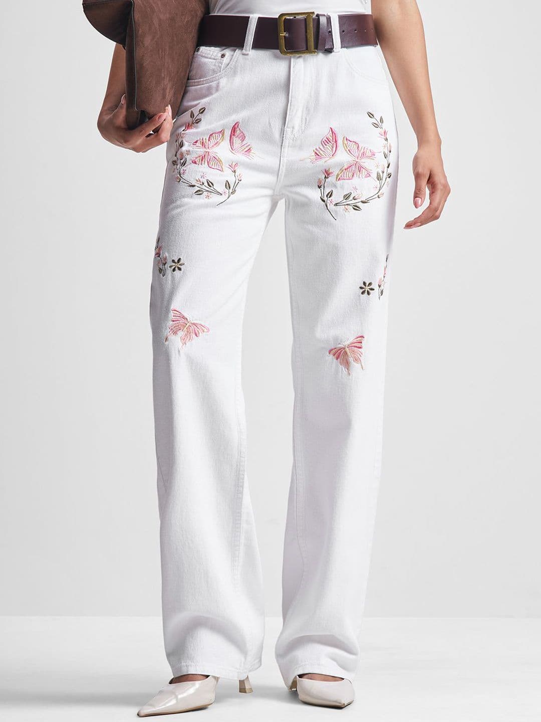 Tokyo Talkies Women Cotton Mid-Rise Butterfly Embroidered Dad Fit Jeans - view 1
