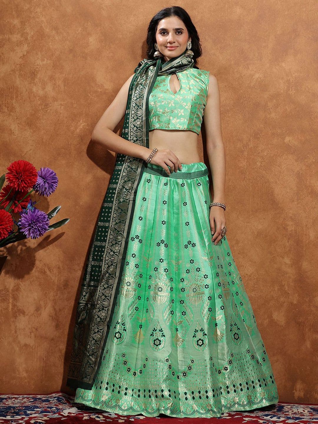 SWAMI STUDIO Woven Design Zari Work Semi-Stitched Silk Lehenga & Blouse With Dupatta - view 1