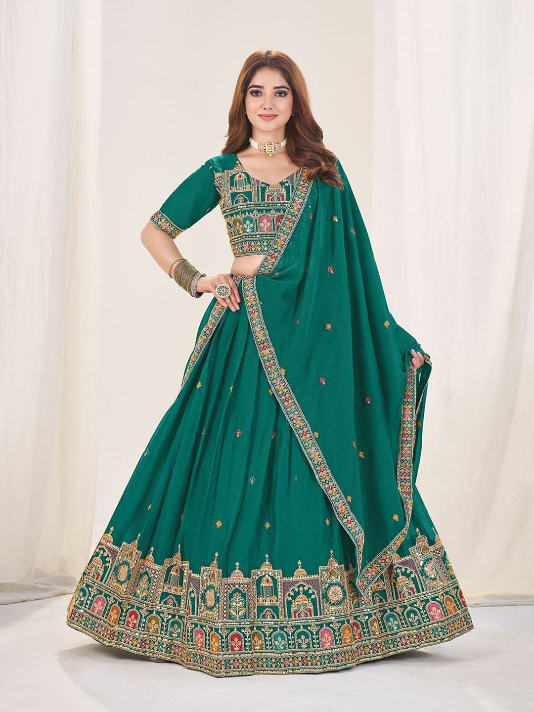 SHOPGARB Embellished Sequinned Semi-Stitched Silk Lehenga & Blouse With Dupatta - view 1