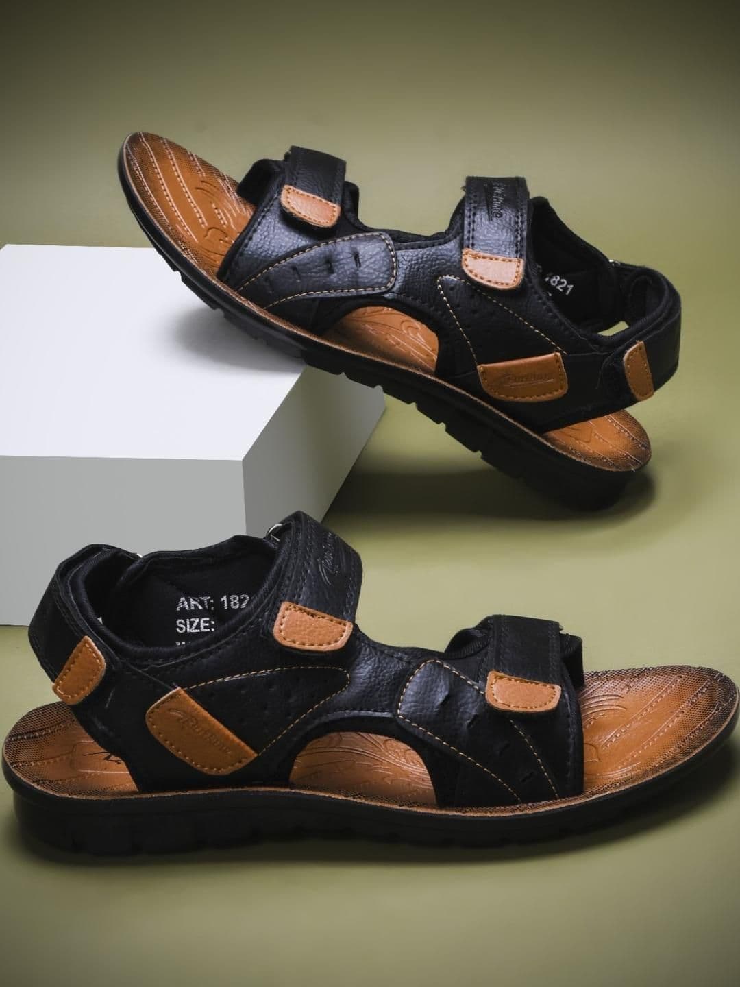 PU-PINE Men Black Velcro Fastening Sandals - view 1