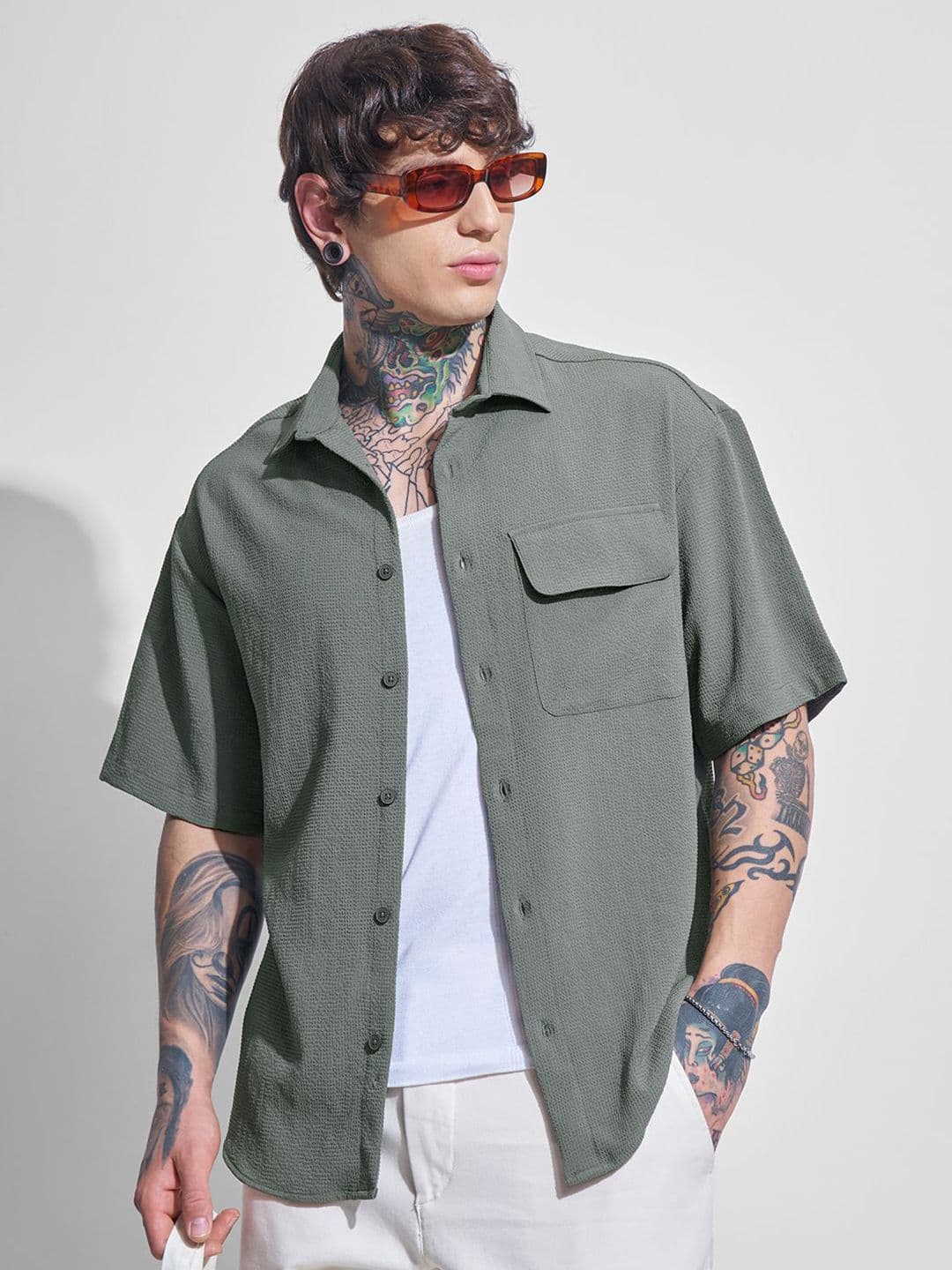 HIGHLANDER Men Oversized Fit Textured Spread Collar Casual Shirt - view 1