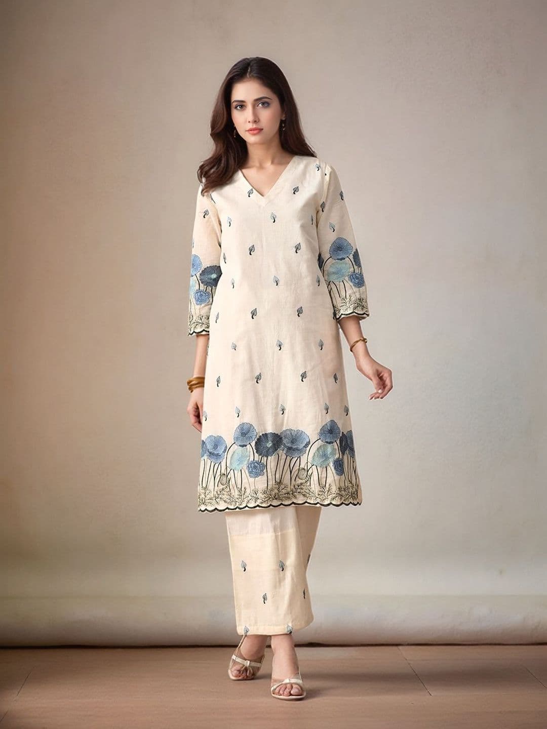 Sangria Women Floral Embroidered Cotton A-Line Kurta with Trousers - view 1