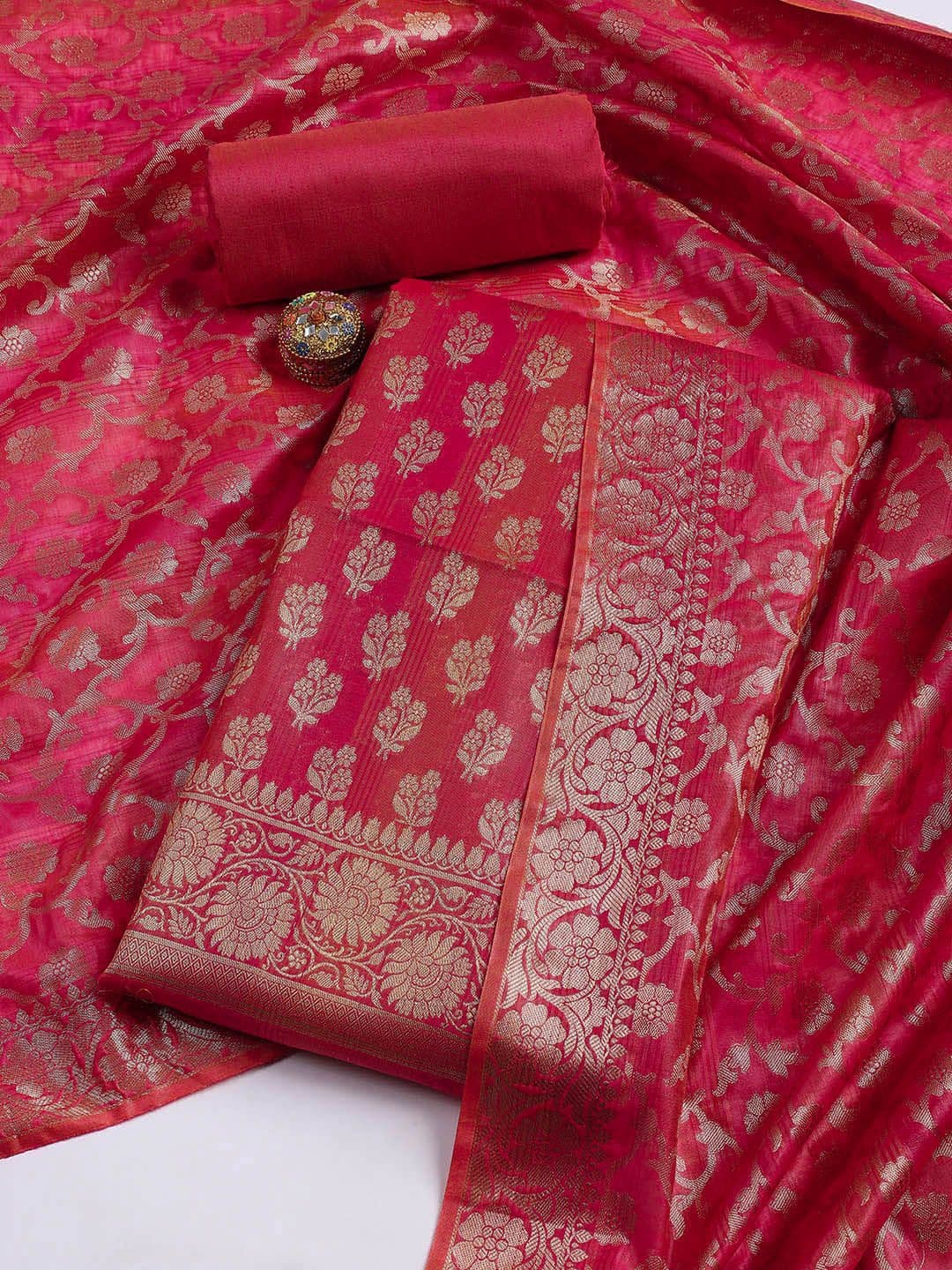 Meena Bazaar Floral Woven Design Unstitched Dress Material - view 1
