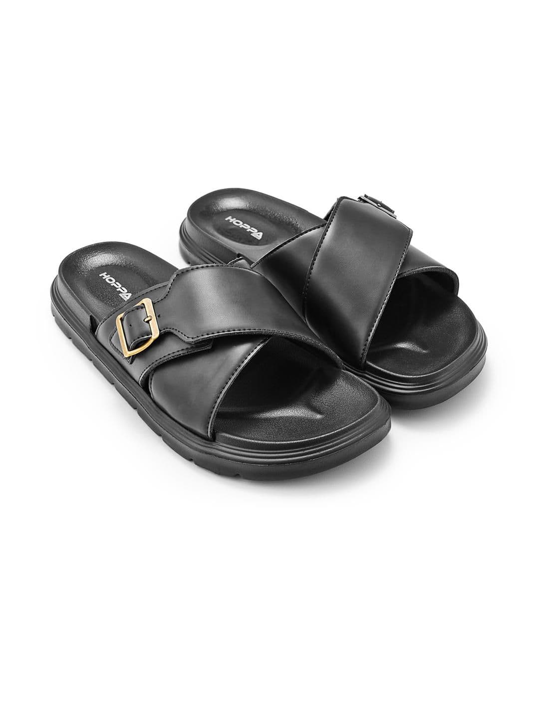 Hoppa Men Black Solid Criss-Cross Strap Flat Sliders with Buckle Detail - view 1
