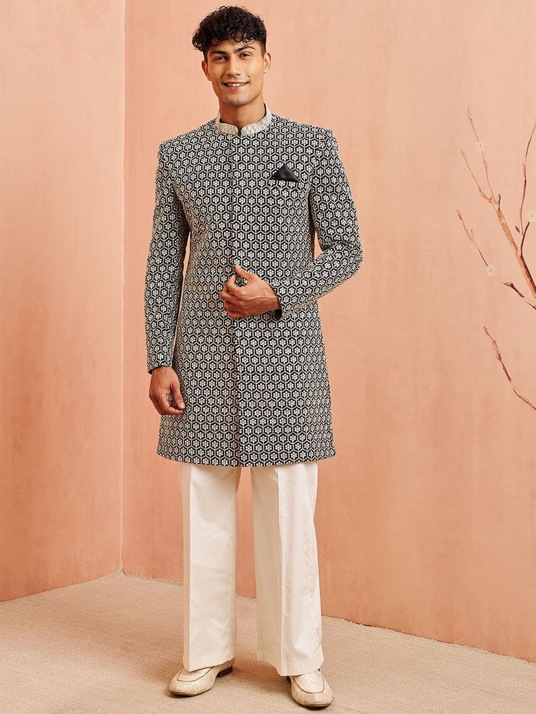 VASTRAMAY Men Embroidered Slim-Fit Mandarin Collar Sherwani Set - view 1