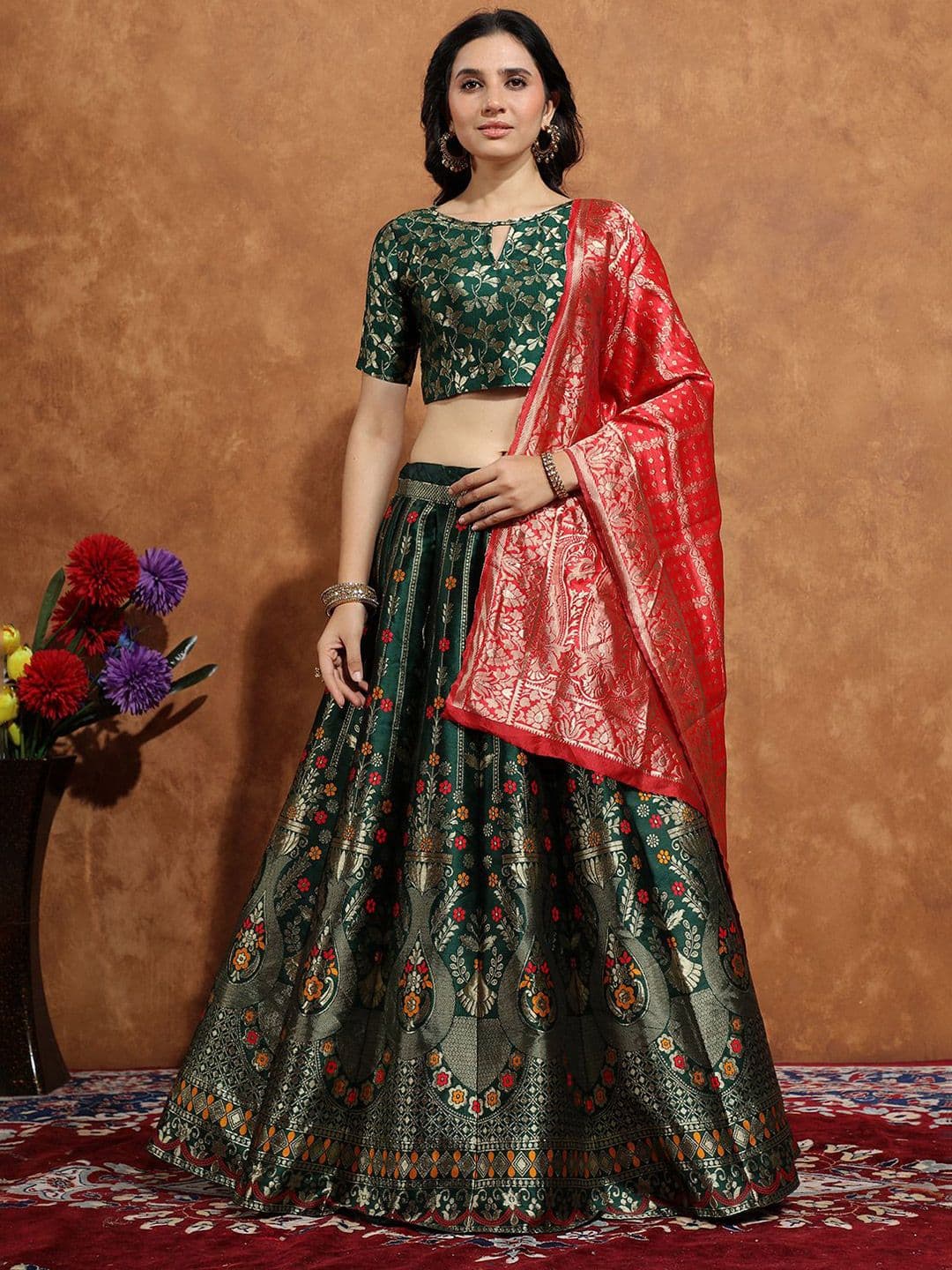 SWAMI STUDIO Woven Design Zari Work Semi-Stitched Silk Lehenga & Blouse With Dupatta - view 1