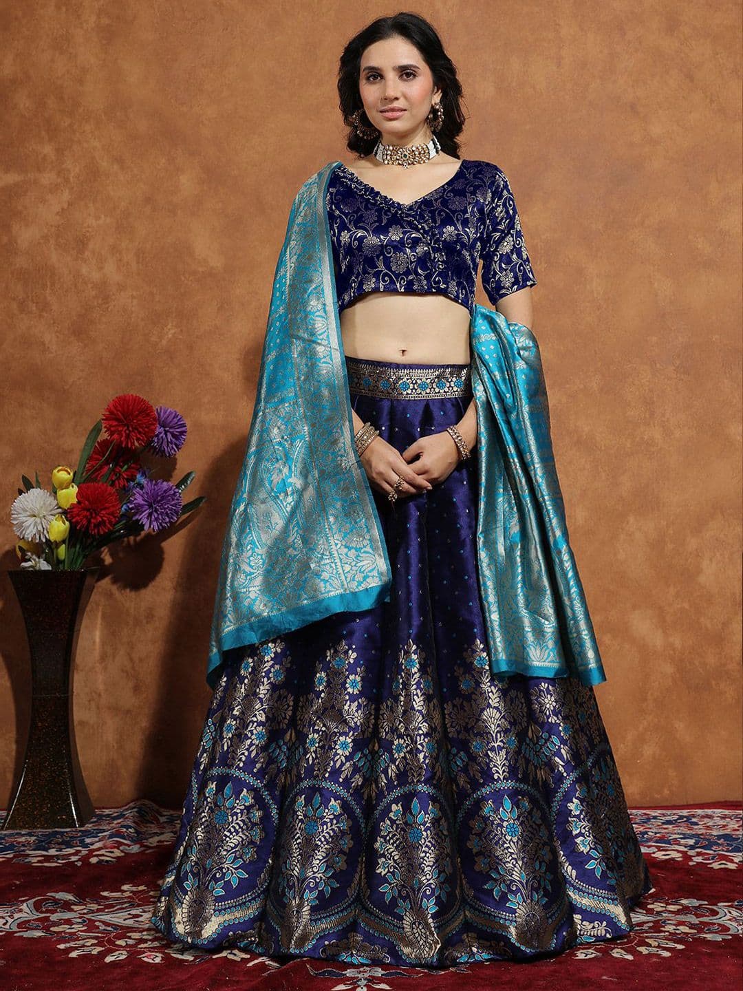 SWAMI STUDIO Woven Design Zari Work Semi-Stitched Silk Lehenga & Blouse With Dupatta - view 1