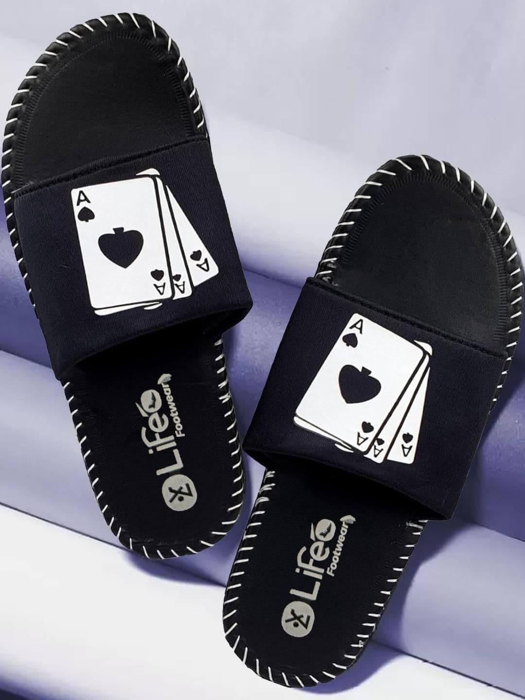 LIFA TRADERS Men Black & White Playing Cards Printed Synthetic Slip-On Comfort Sandals - view 1