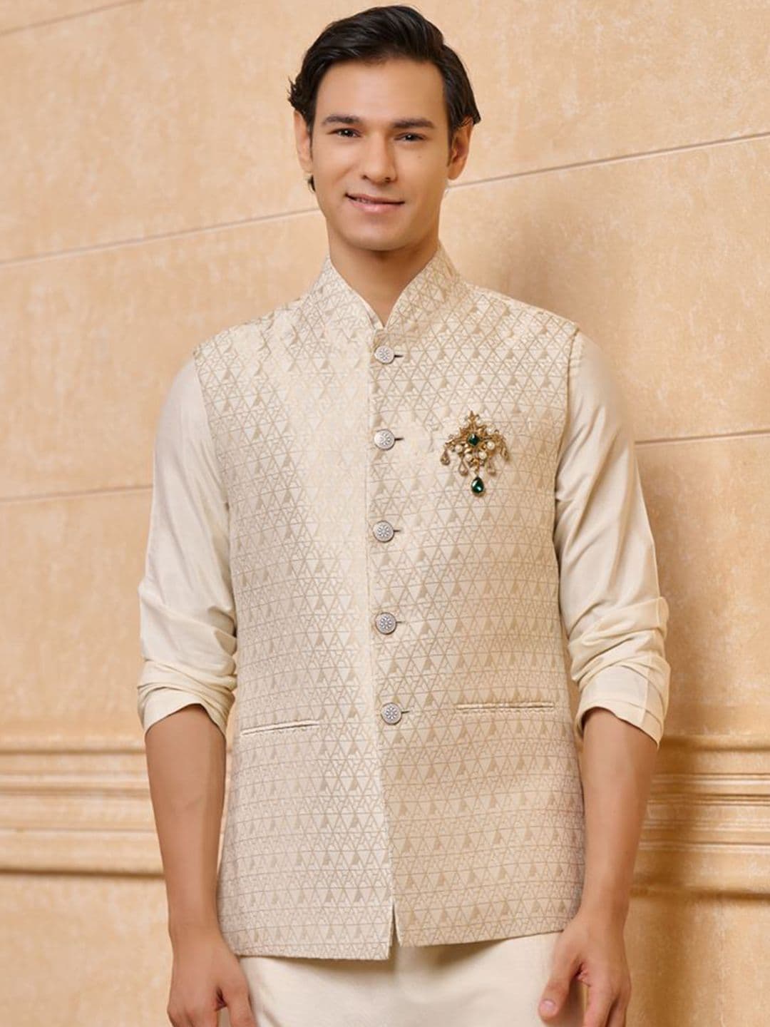 Tasva Printed Brocade Woven Nehru Jacket - view 1