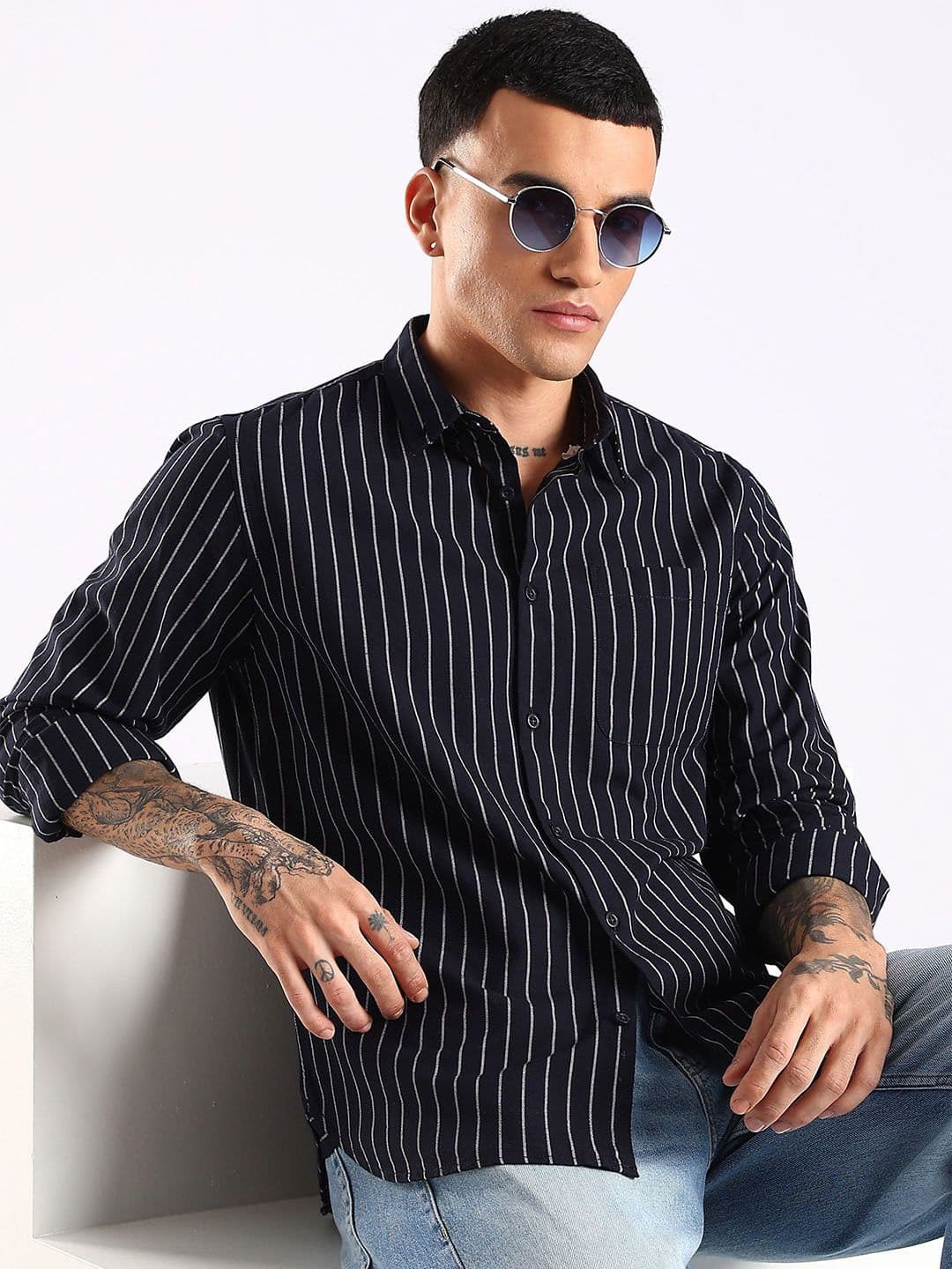 HERE&NOW Men Slim Fit Vertical Striped Button-Down Collar Cotton Casual Shirt - view 1