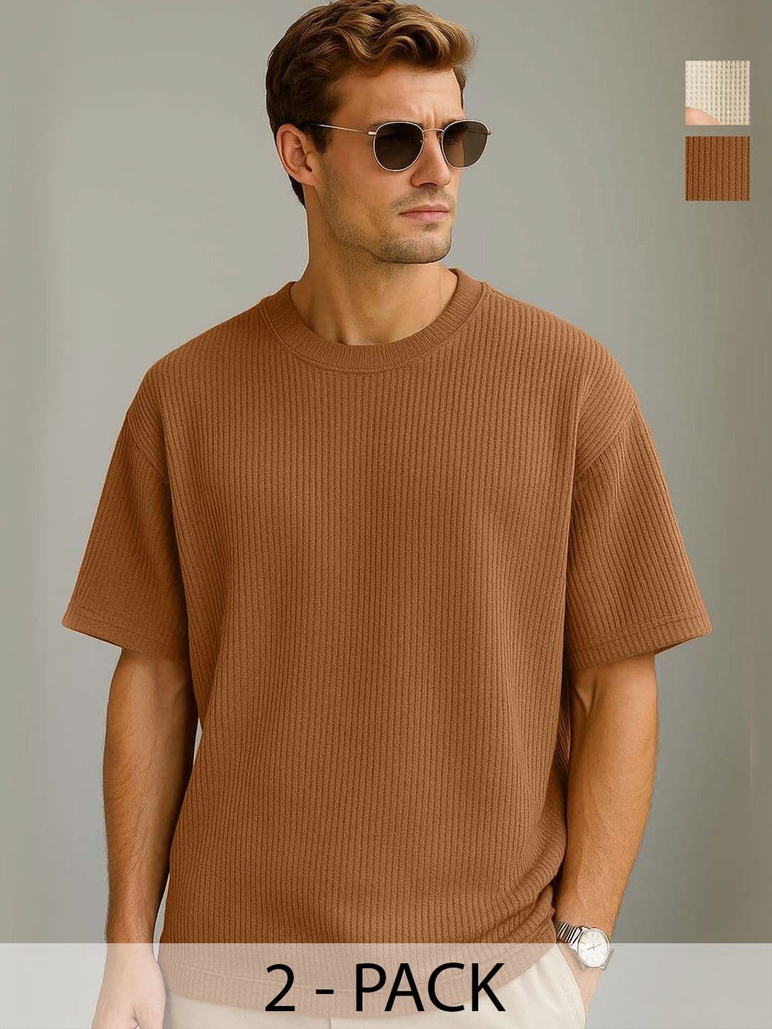 Organic Chics Men Pack of 2 Self Design Round Neck Cotton Oversized T-shirts - view 1