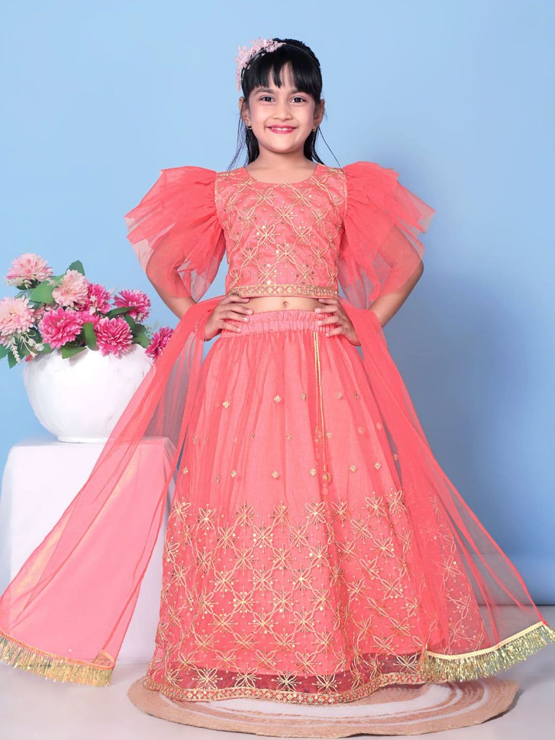 satyamfab Girls Embroidered Thread Work Ready To Wear Net Lehenga & Blouse With Dupatta - view 1