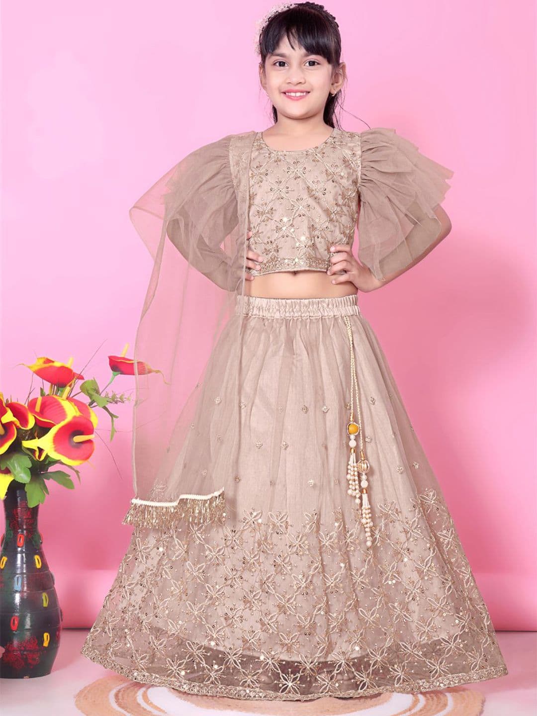 satyamfab Girls Embroidered Thread Work Ready To Wear Net Lehenga & Blouse With Dupatta - view 1