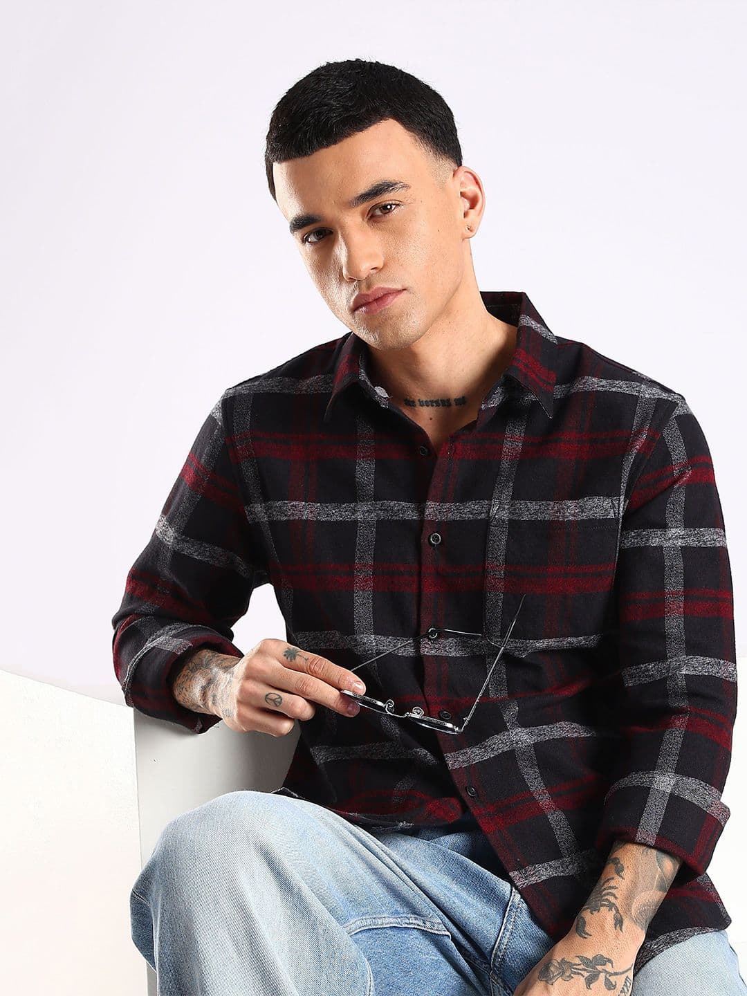 HERE&NOW Men Slim Fit Tartan Checked Button-Down Collar Cotton Casual Shirt - view 1