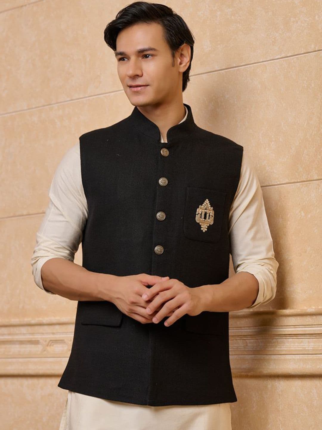 Tasva Embroidered Cotton Woven Nehru Jacket - view 1