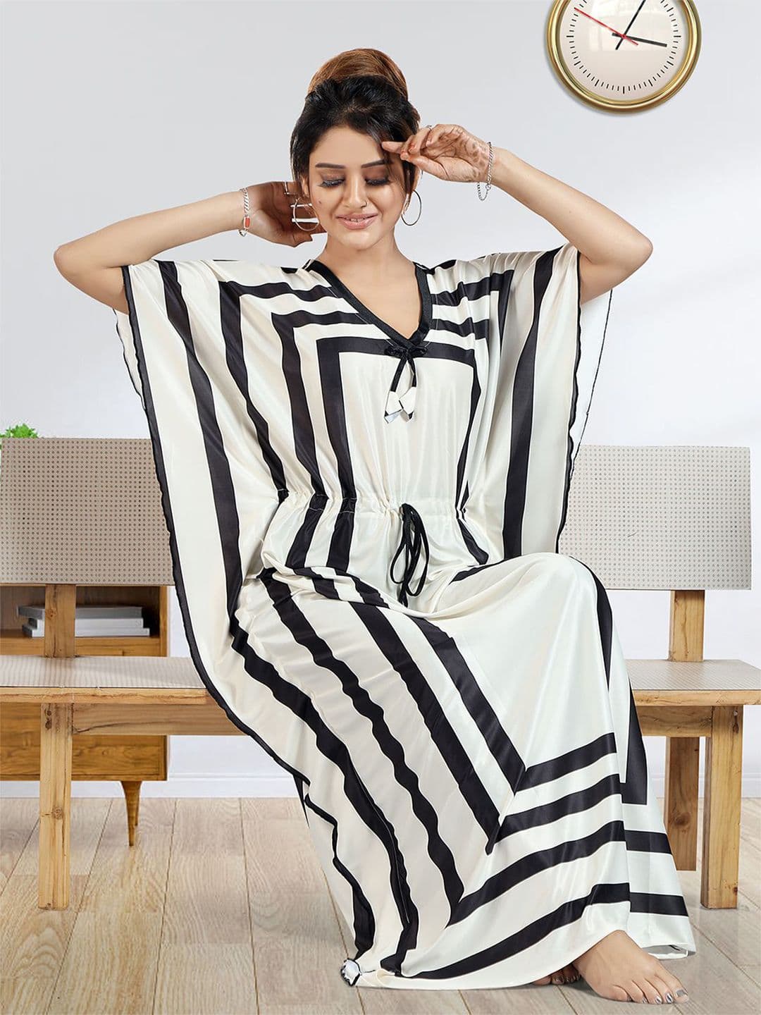 Gutthi Women Striped Maxi Kaftan Nightdress - view 1