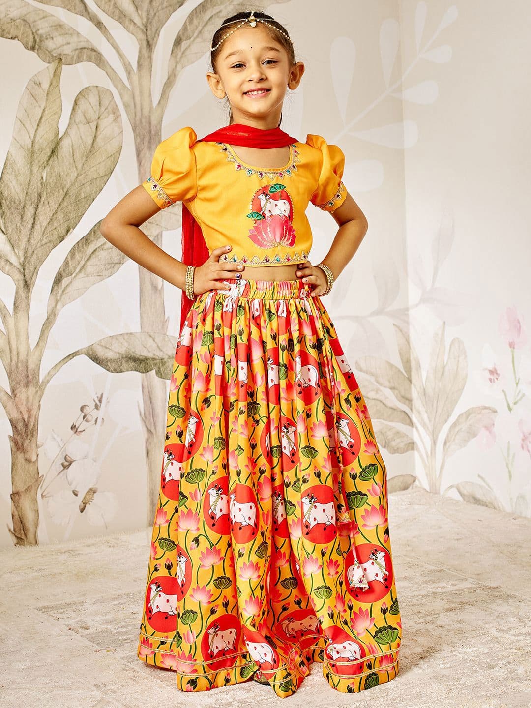 VASTRAMAY Girls Cow & Lotus Printed Ready to Wear Lehenga & Blouse With Dupatta - view 1