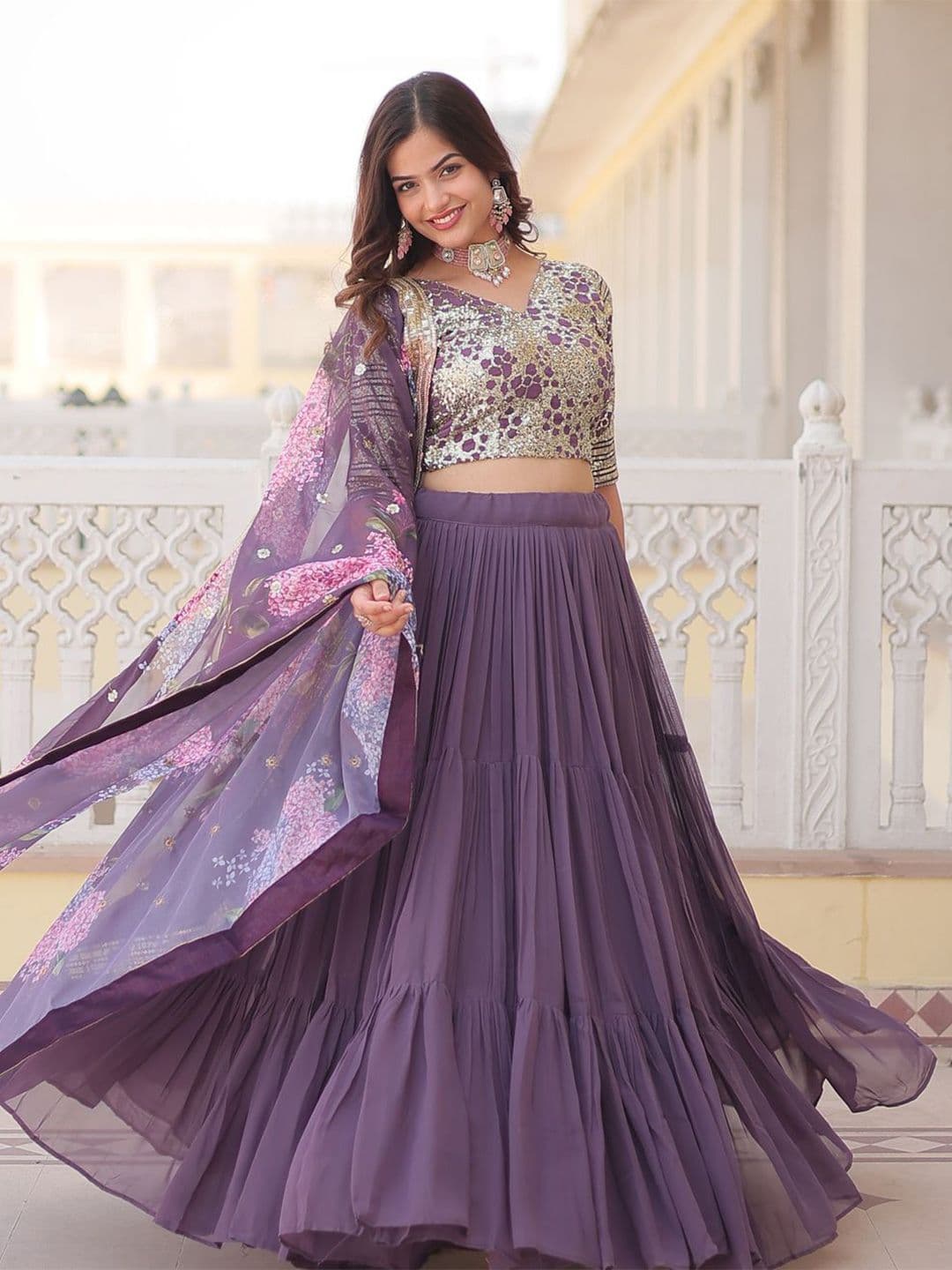 KALINI Floral Embroidered Georgette Ready To Wear Lehenga & Unstitched Blouse With Dupatta - view 1