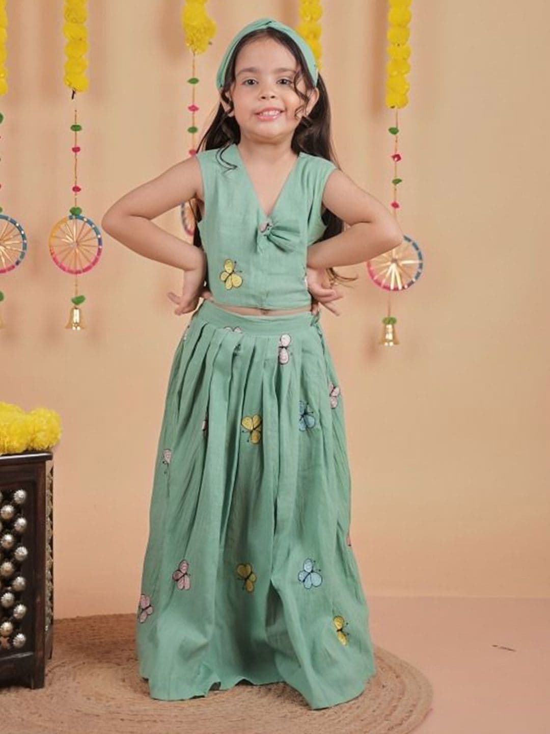 UNBIND Girls Embroidered Cotton Thread Work Ready to Wear Lehenga & Choli - view 1
