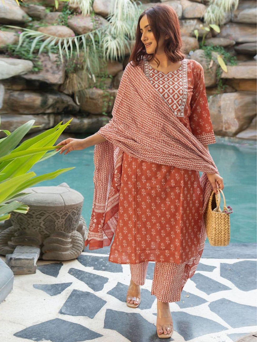KALINI Women Floral Printed Cotton Kurta with Trousers & Dupatta - view 1