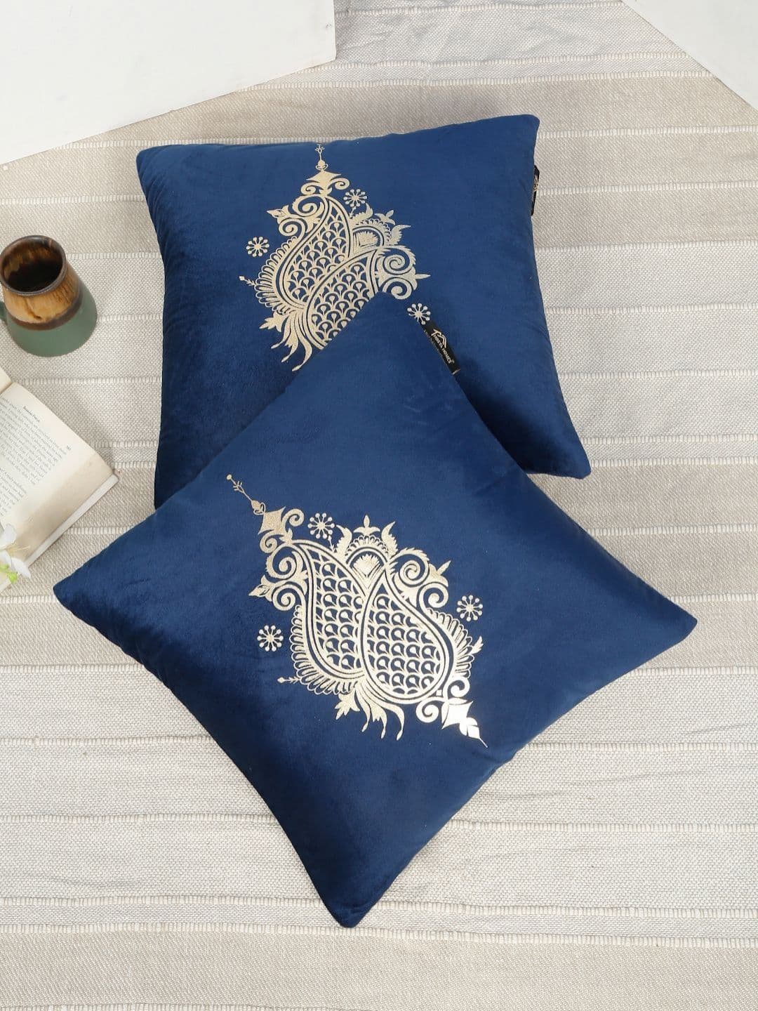 HOSTA HOMES Blue & Gold-Toned 2 Pieces Printed Velvet Square Cushion Covers - view 1