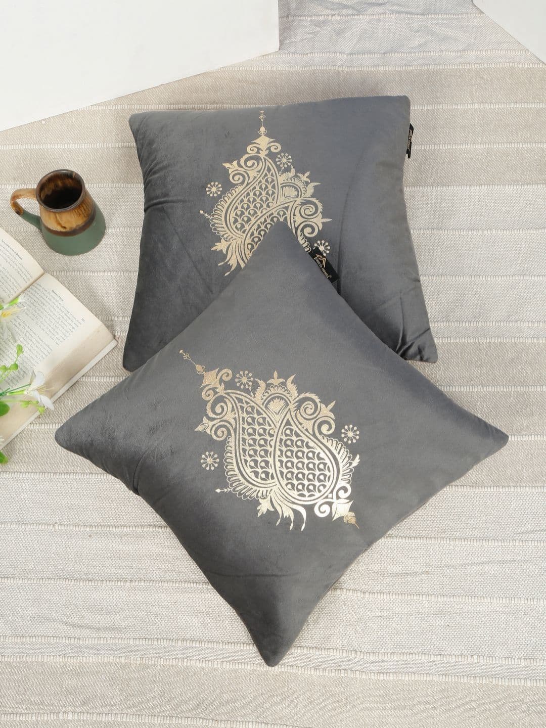 HOSTA HOMES Grey & Gold-Toned 2 Pieces Printed Velvet Square Cushion Covers - view 1