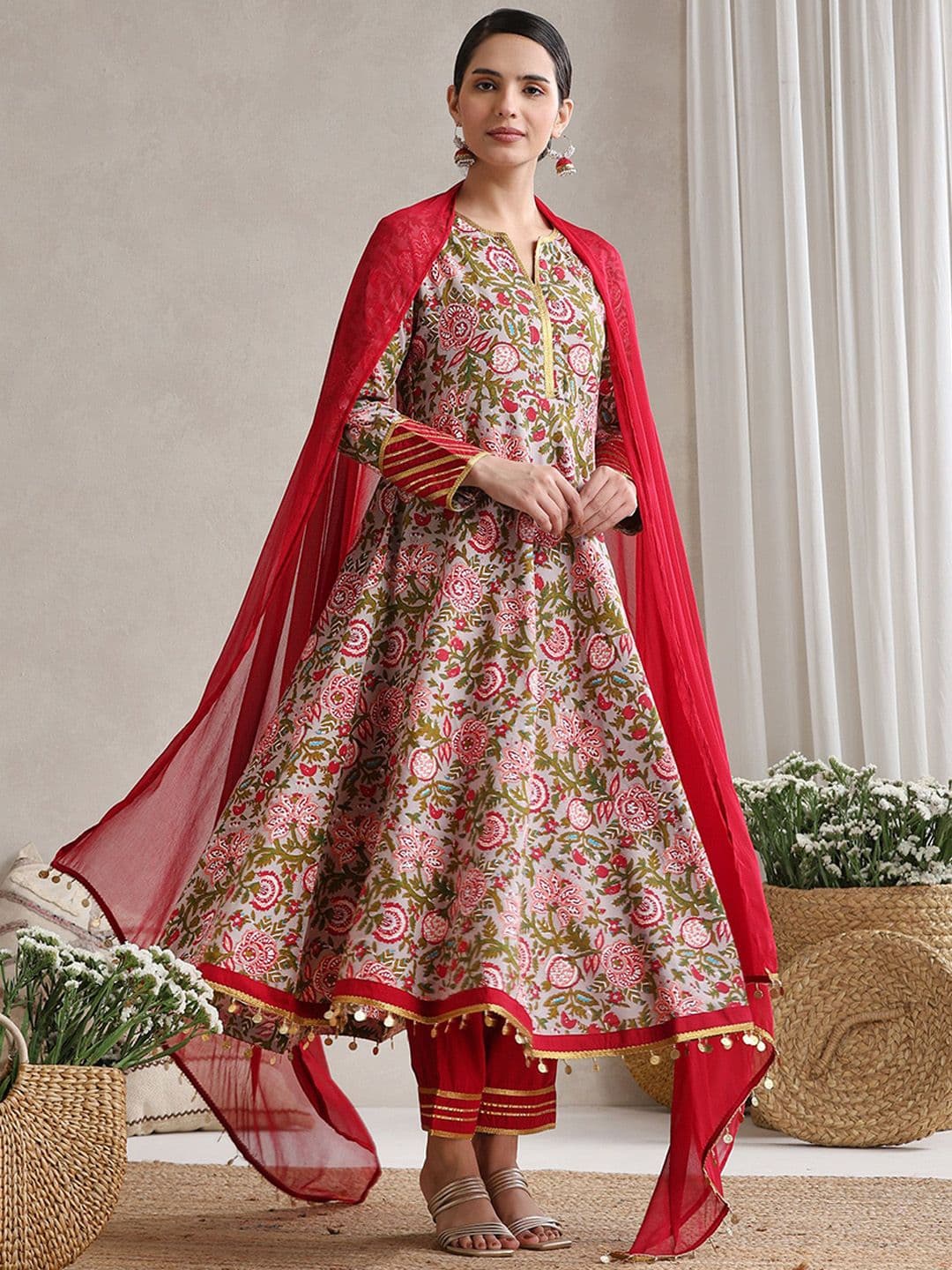 Khushal K Floral Printed Notch Neck Anarkali Kurta With Palazzos & Dupatta - view 1