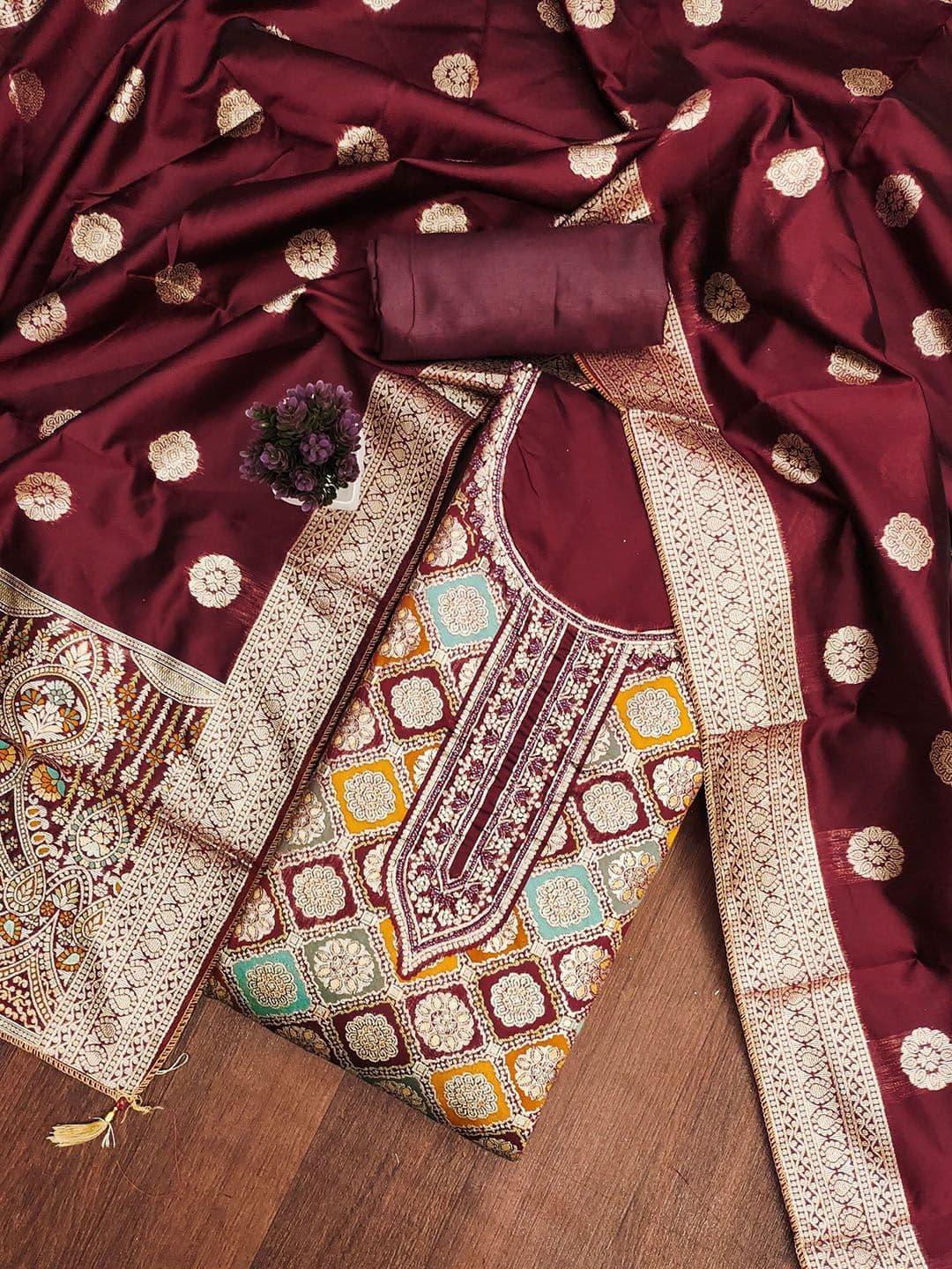 Rangtulika Ethnics Floral Embroidered Jacquard Unstitched Dress Material - view 1