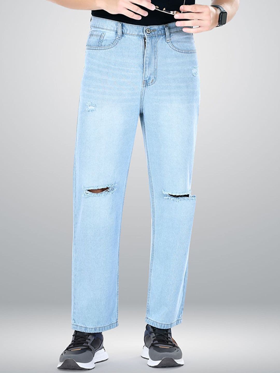 me Queen Men Wide Leg Mid-Rise Slash Knee Heavy Fade Jeans - view 1