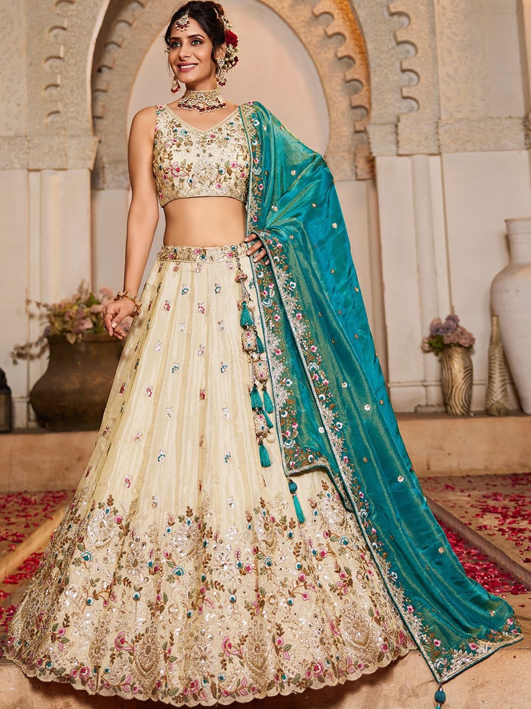 panchhi Embroidery Cream Embellished Beads Semi-Stitched Lehenga & Unstitched Blouse With Dupatta - view 1