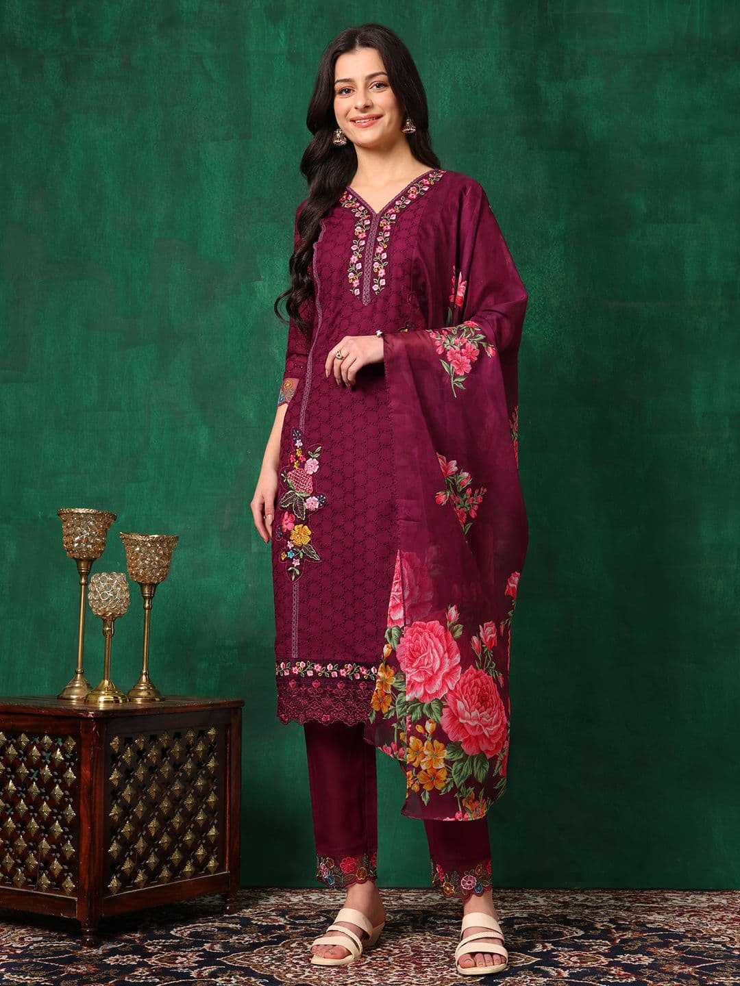 KALINI Floral Embroidered V-Neck Chikankari Pure Cotton Kurta With Trousers & Dupatta - view 1