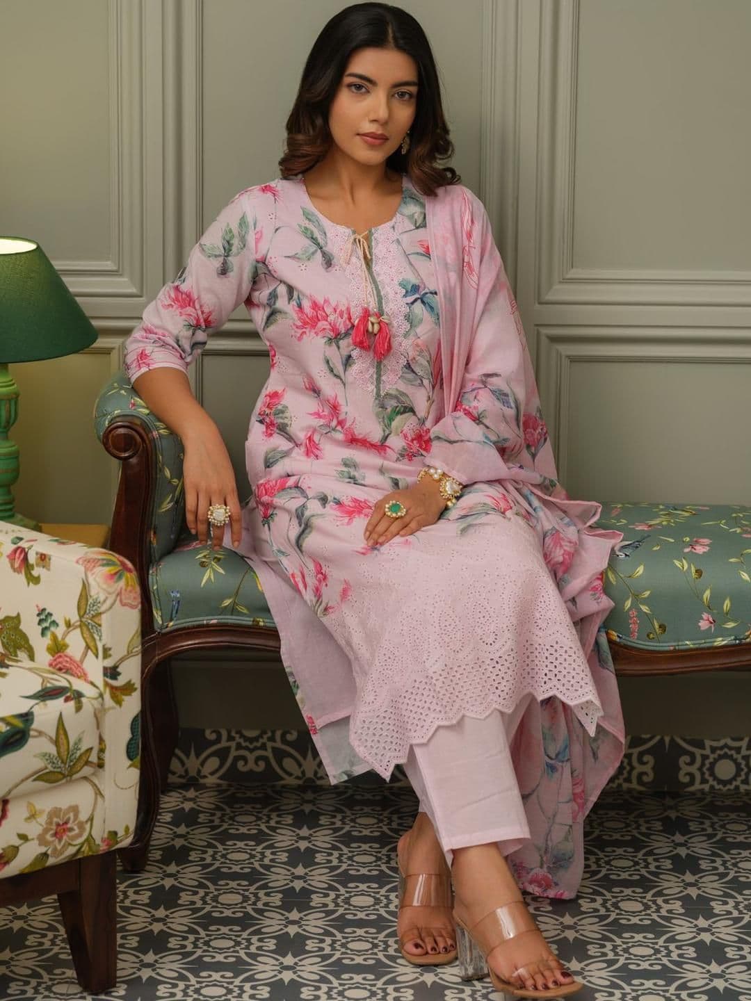 Sangria Women Floral Printed Cotton Kurta with Trousers & Dupatta - view 1