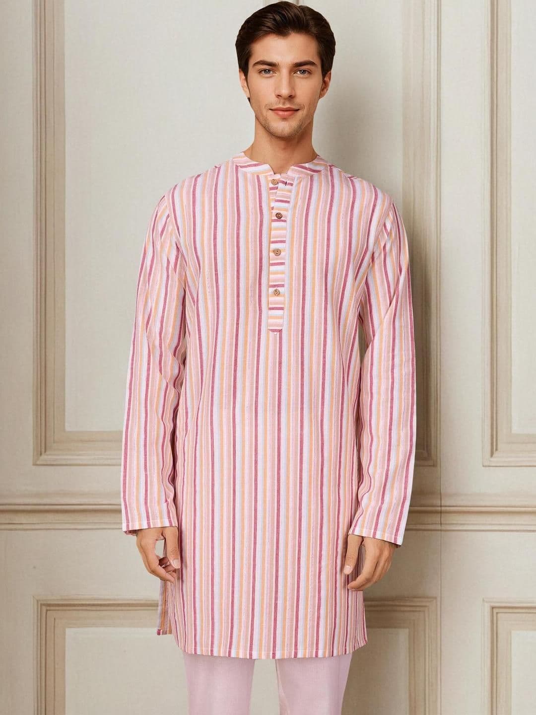 House of Pataudi Striped Band Collar Pure Cotton Kurta - view 1