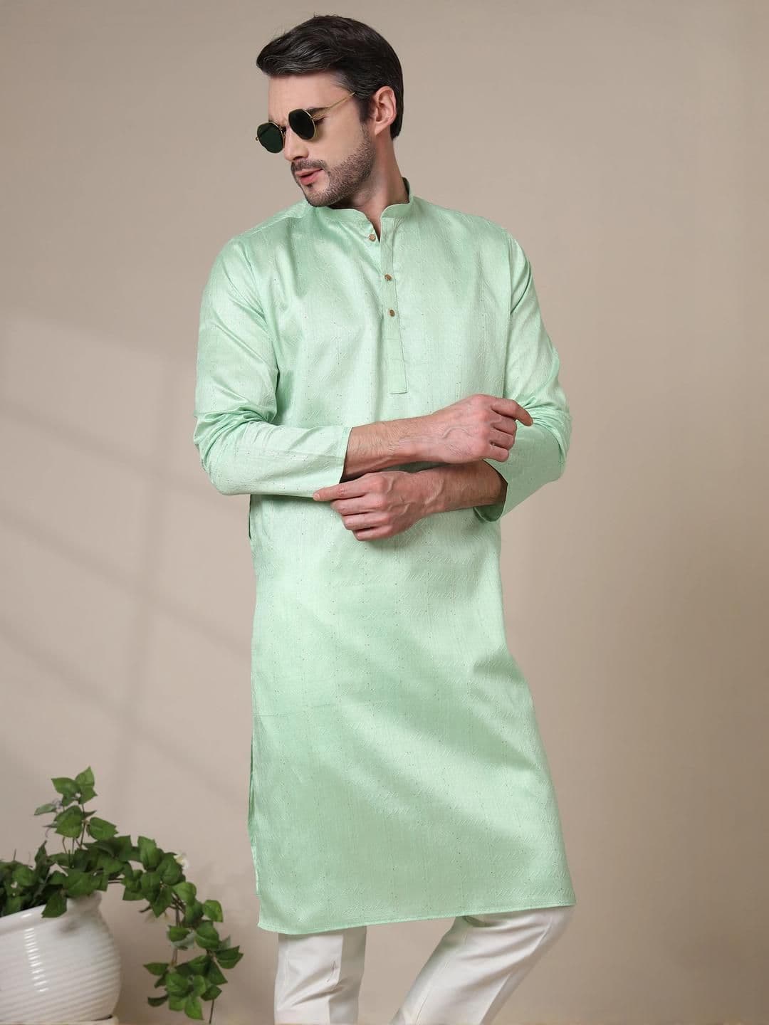 ADHIRAJAN Men Cotton Silk Woven Design Straight Kurta - view 1