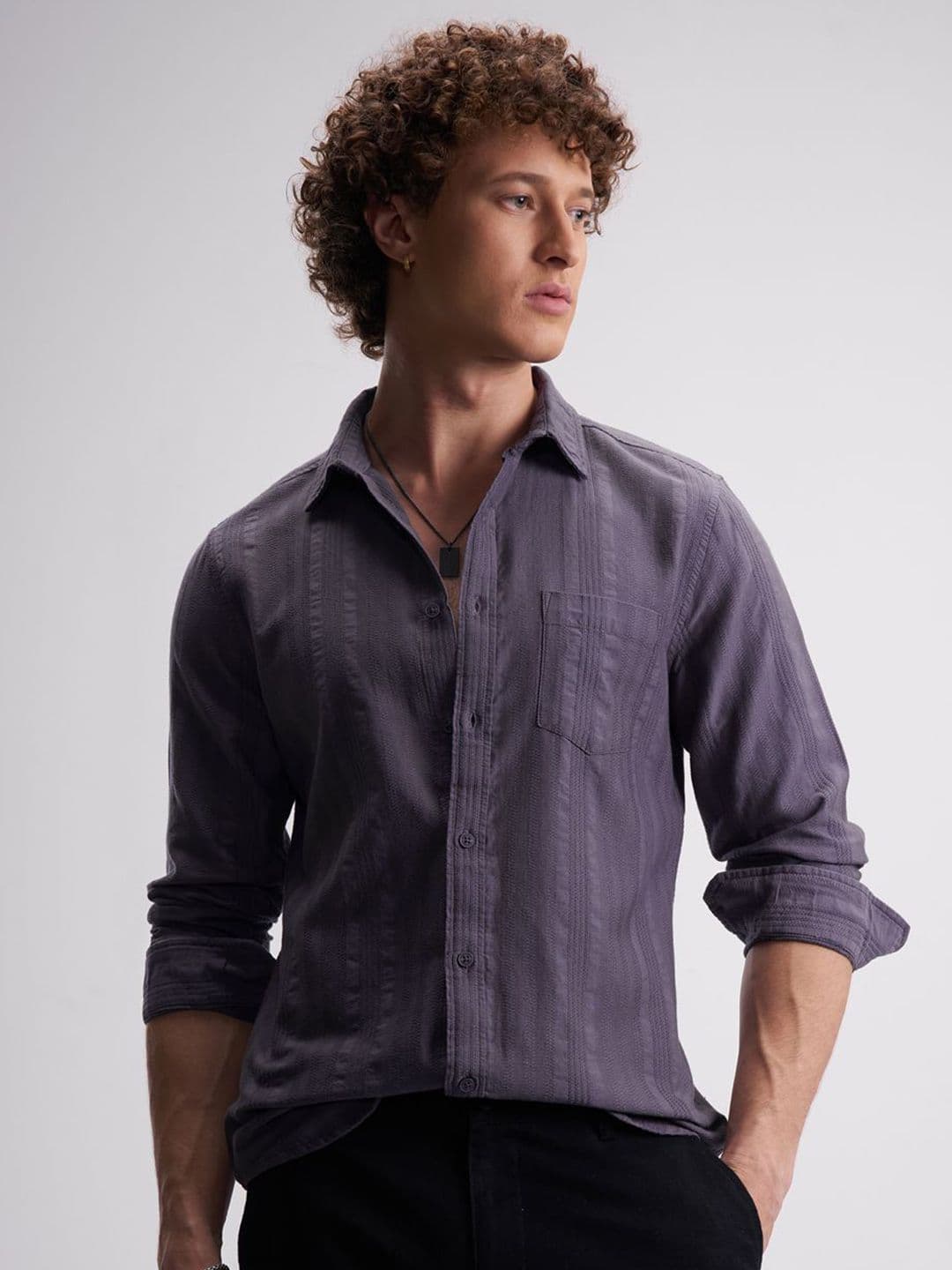 HIGHLANDER Men Textured Spread Collar Cotton Casual Shirt - view 1