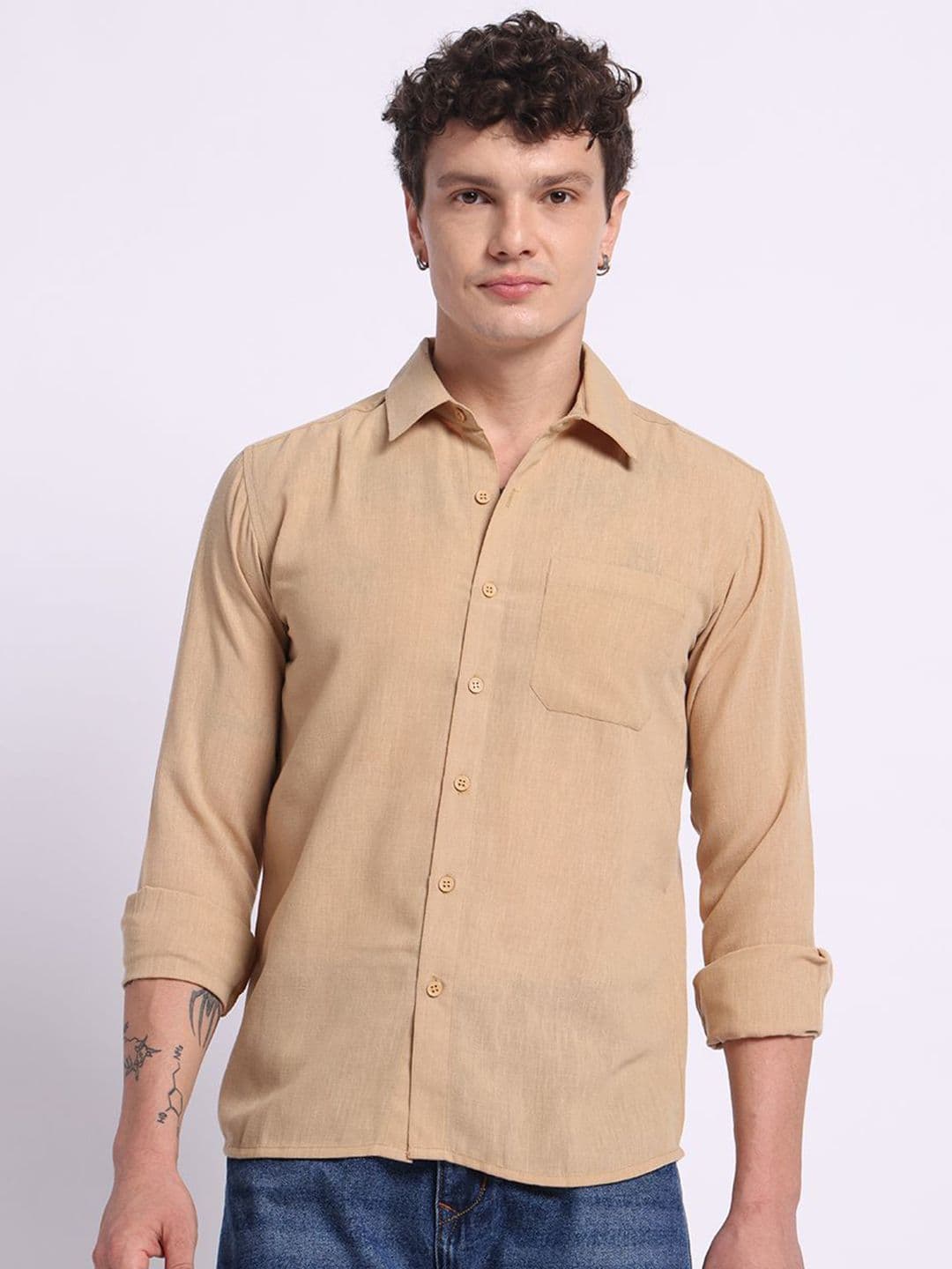 PANIT Men Standard Fit Solid Spread Collar Linen Casual Shirt - view 1