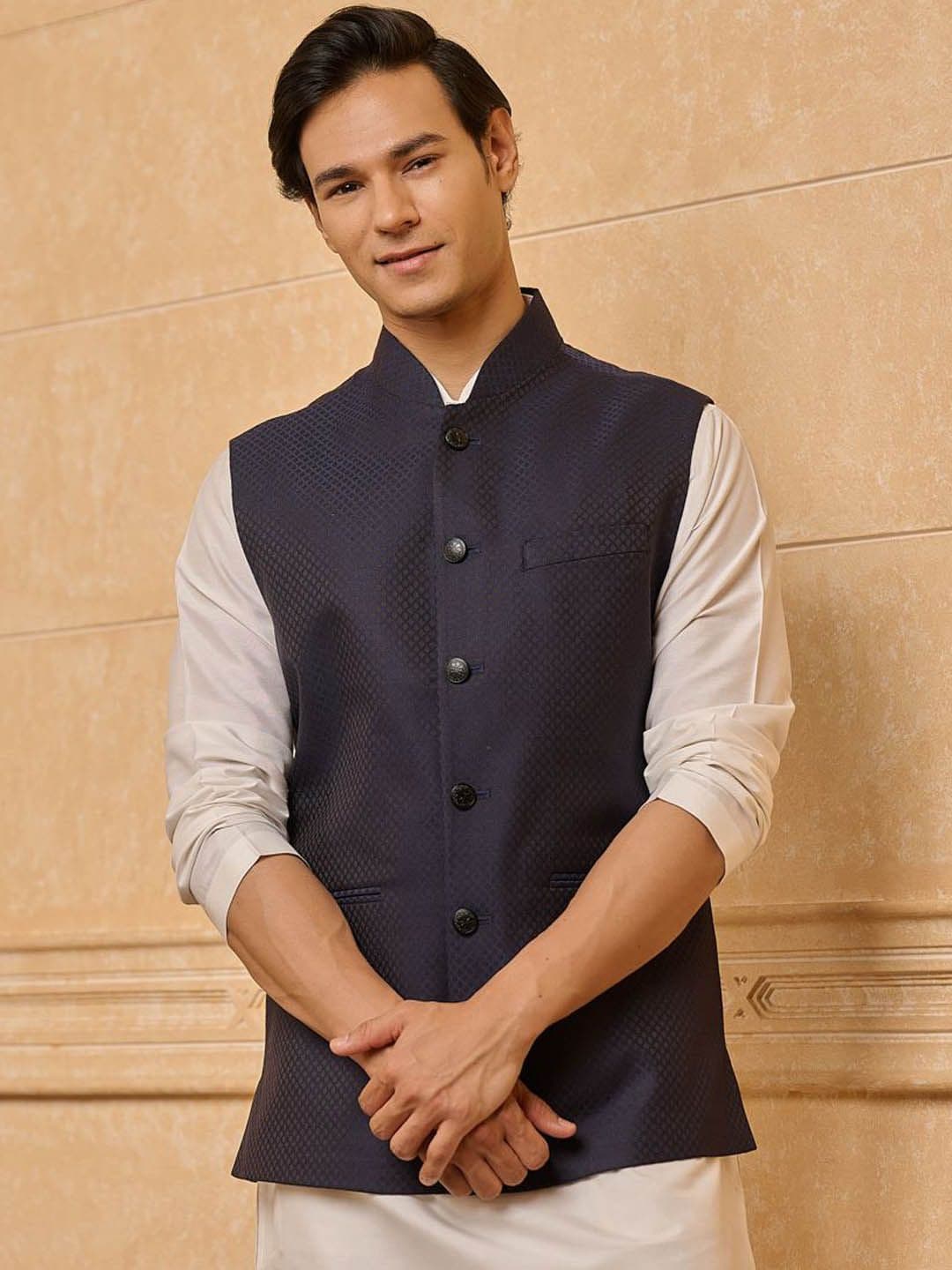 Tasva Woven Design Jacquard Classic Bundi Nehru Jacket - view 1