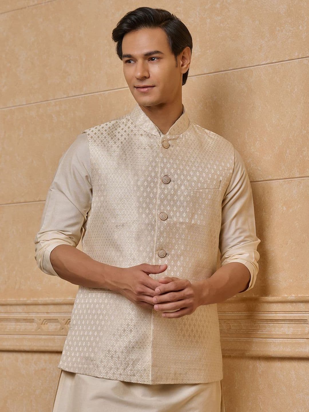 Tasva Woven Design Brocade Bundi Nehru Jacket - view 1