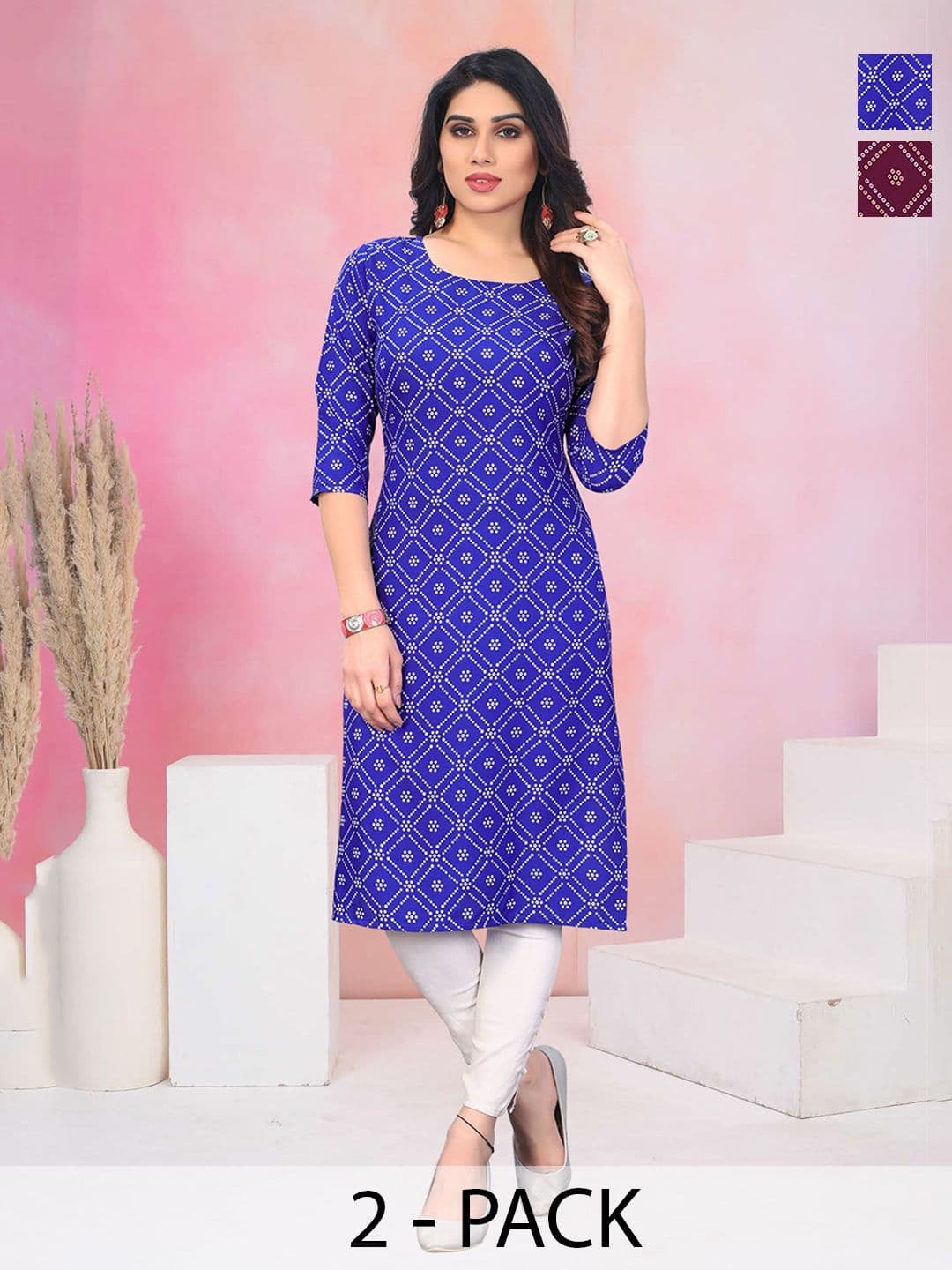 KETAKI FASHION Selection Of 2 Geometric Printed Round Neck Straight Kurtas - view 1