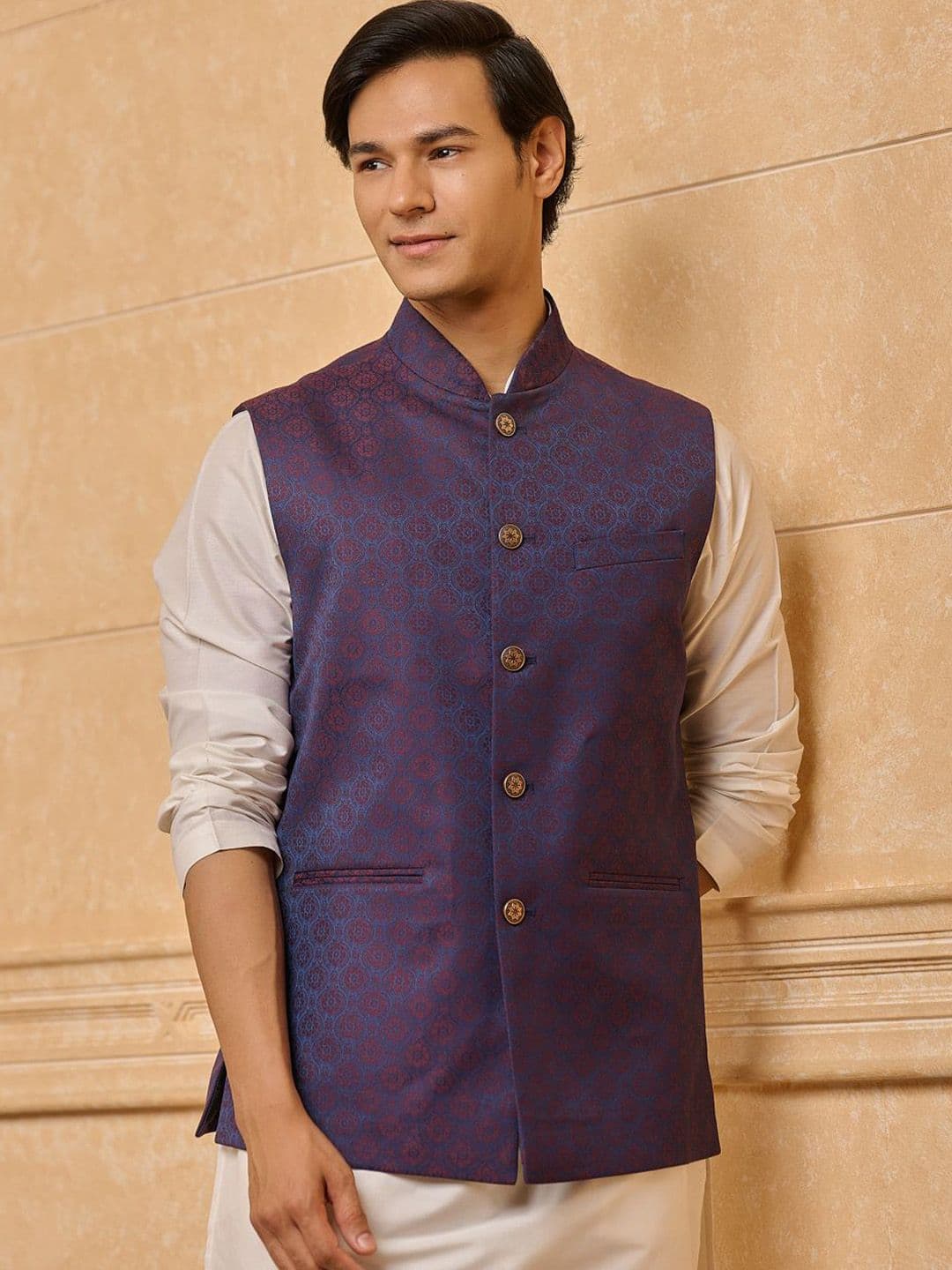 Tasva Woven Design Jacquard Classic Bundi Nehru Jacket - view 1