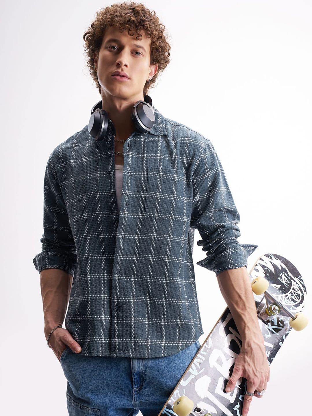 HIGHLANDER Checked Spread Collar Relaxed Fit Shirt - view 1