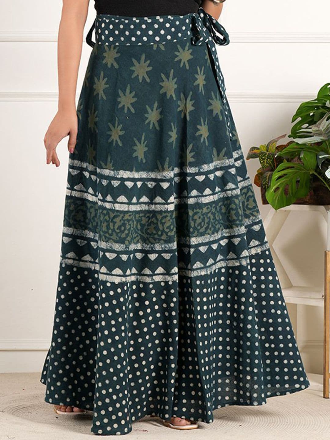 Style Shoes Ethnic Motifs Block Printed Cotton Wrap Around Maxi Skirt - view 1