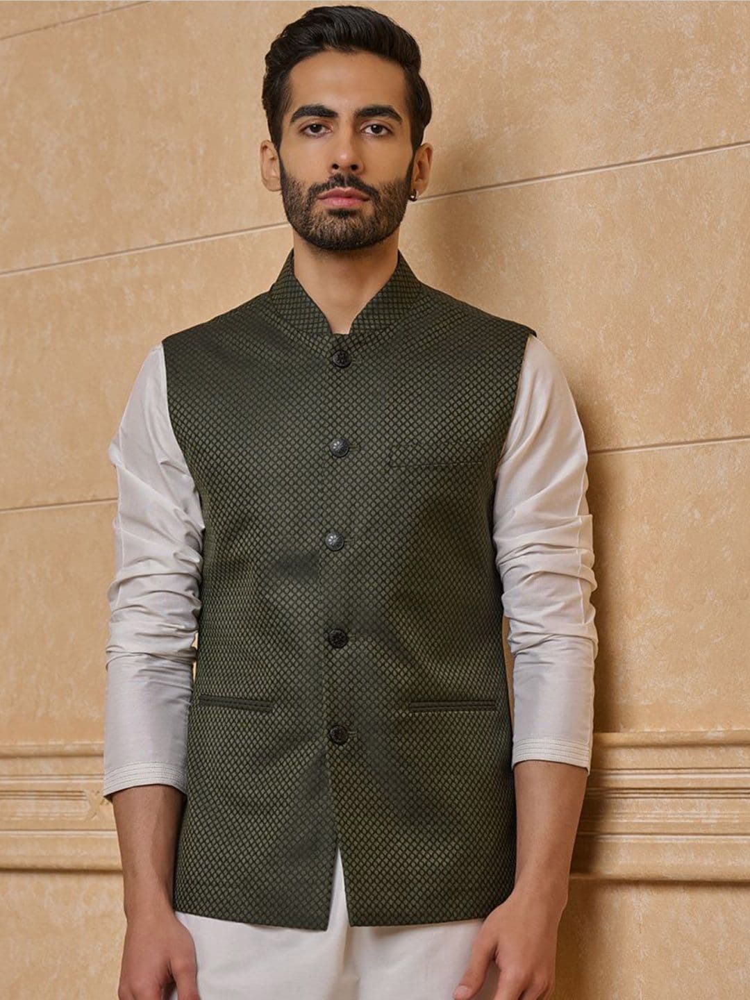 Tasva Woven Design Jacquard Classic Bundi Nehru Jacket - view 1
