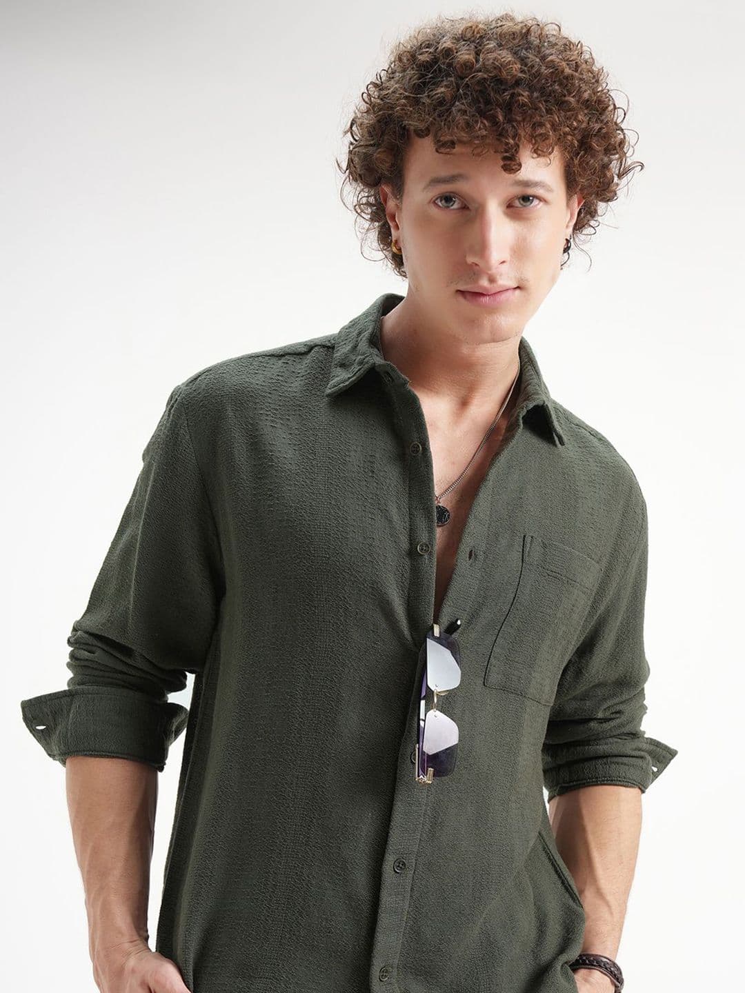 HIGHLANDER Realxed Fit Textured Spread Collar Roll-Up Sleeves Cotton Shirt - view 1